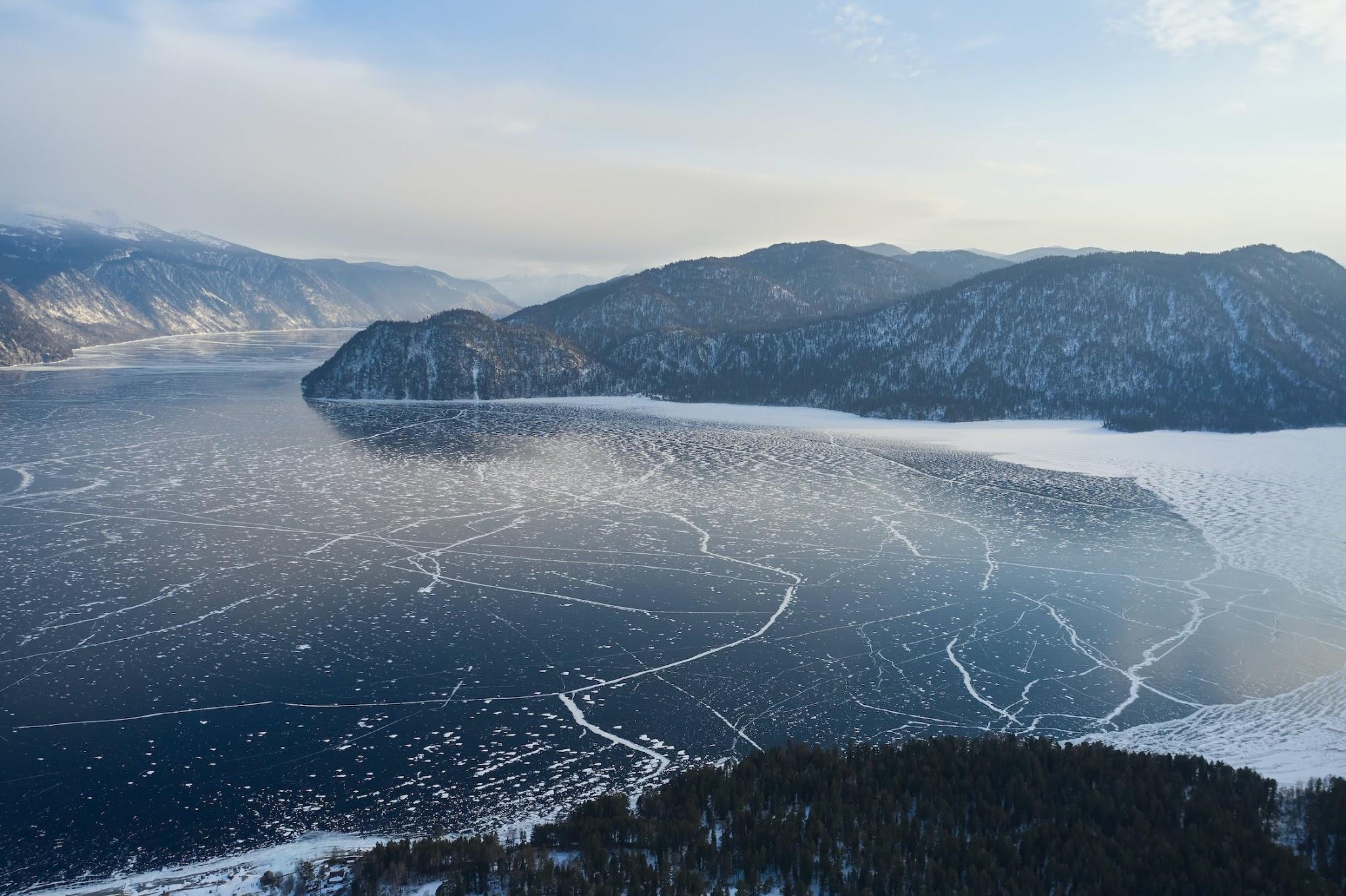 Drone Flying Over Frozen Lake